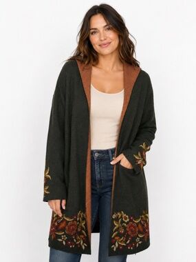 Max Sport Women's Large Long Open Front Cardigan Floral Embroidered Boho